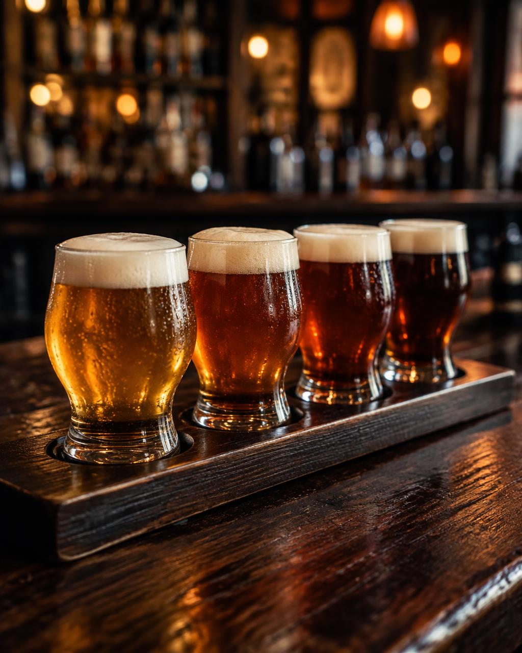 A flight of craft beers on the County Line bar