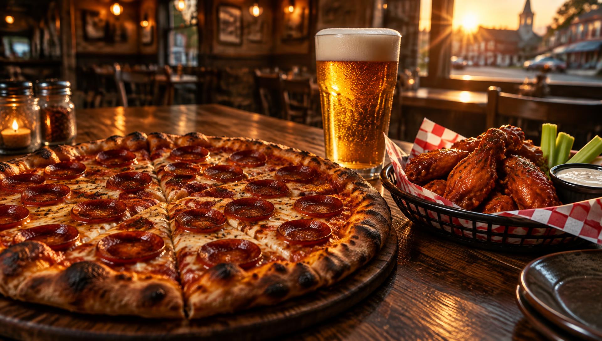A loaded pizza, wings and a cold beer on the County Line bar